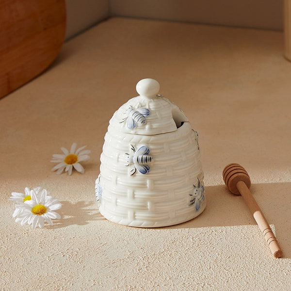 Blue & White Stoneware Honey Jar with Wooden Spoon – 240ml