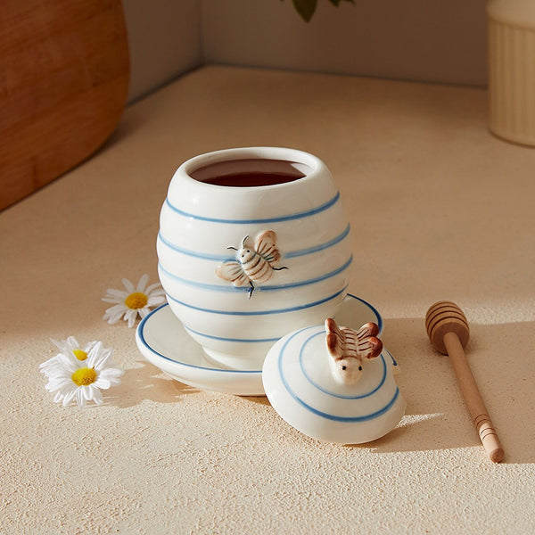 Blue & White Stoneware Honey Jar with Wooden Spoon – 445ml