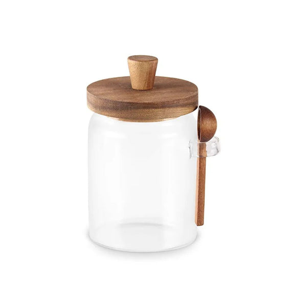 Glass Storage Jar with Wood Lid & Spoon 12 cm