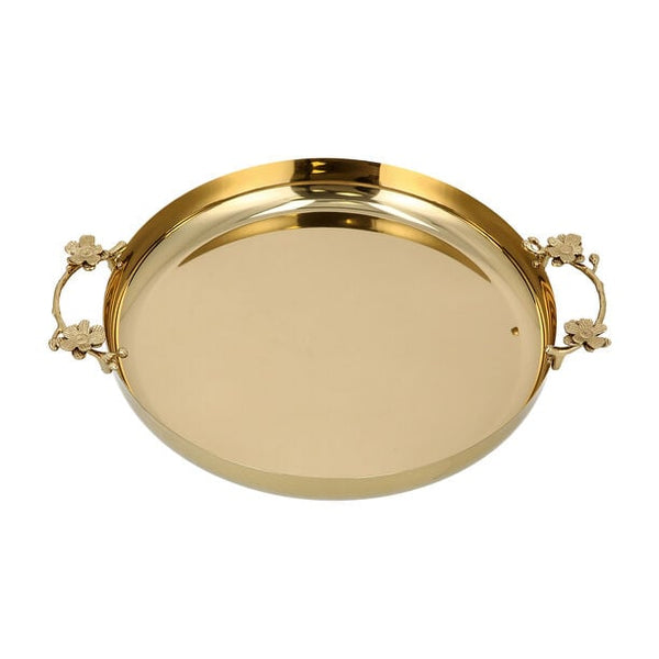 Round Gold Stainless Steel Serving Tray with Flower Handles