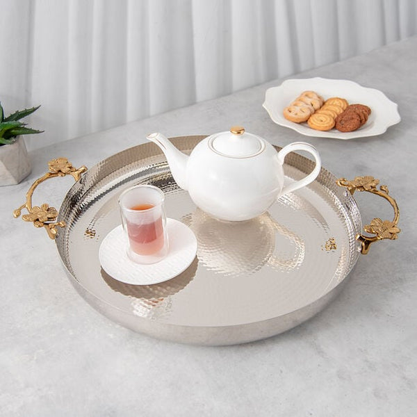 Round Silver Stainless Steel Serving Tray with Gold Flower Handles