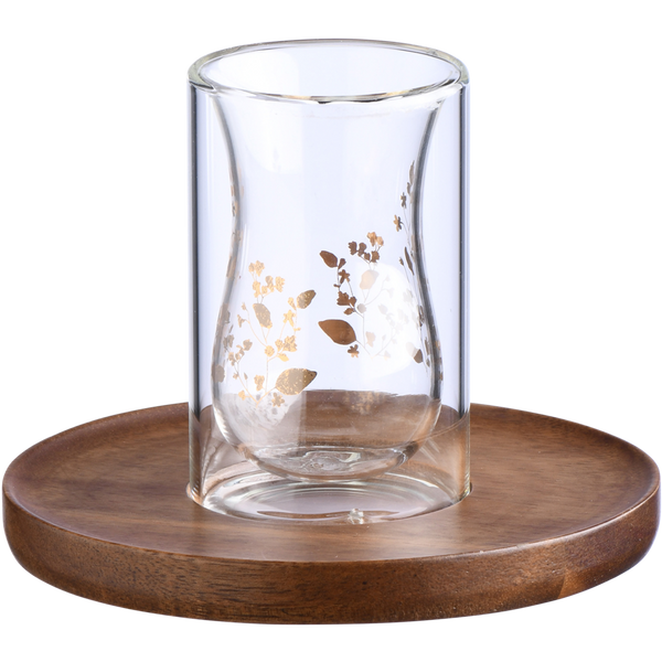 Glass Harmony Tea Cup Set with Wooden Plates – 12 Pieces for 6 Persons