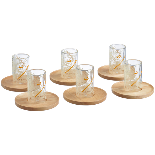 Harmony Glass Tea Set with Wooden Plates – 12 Pieces for 6 Persons