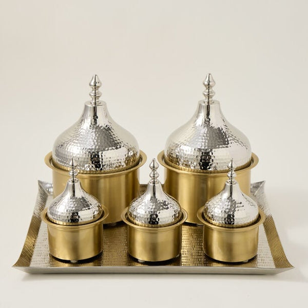 Nickel-Plated Tray with Pots – 6-Piece Elegant Serving Set
